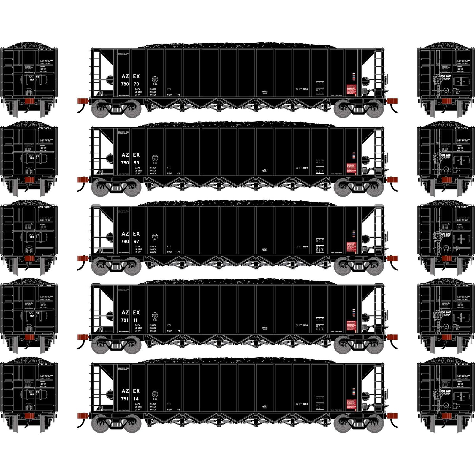Athearn HO ATH Ortner 5-Bay Rapid Discharge Hopper w/Coal Load, AZEX #78070/78089/78097/78111/78114 (5)