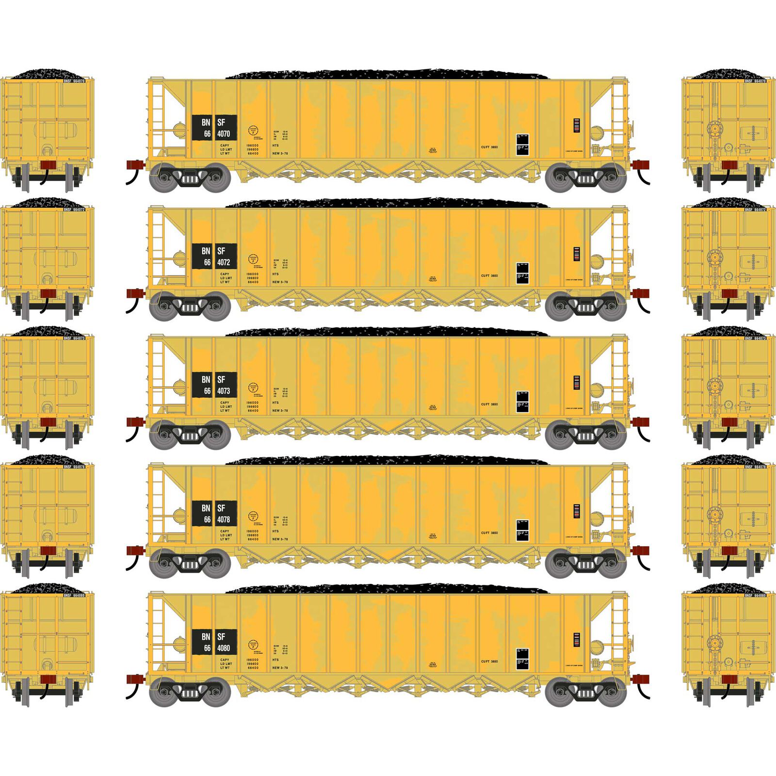 Athearn HO ATH Ortner 5-Bay Rapid Discharge Hopper w/Coal, PFG BNSF #664070/664072/664073/664078/664080 (5)