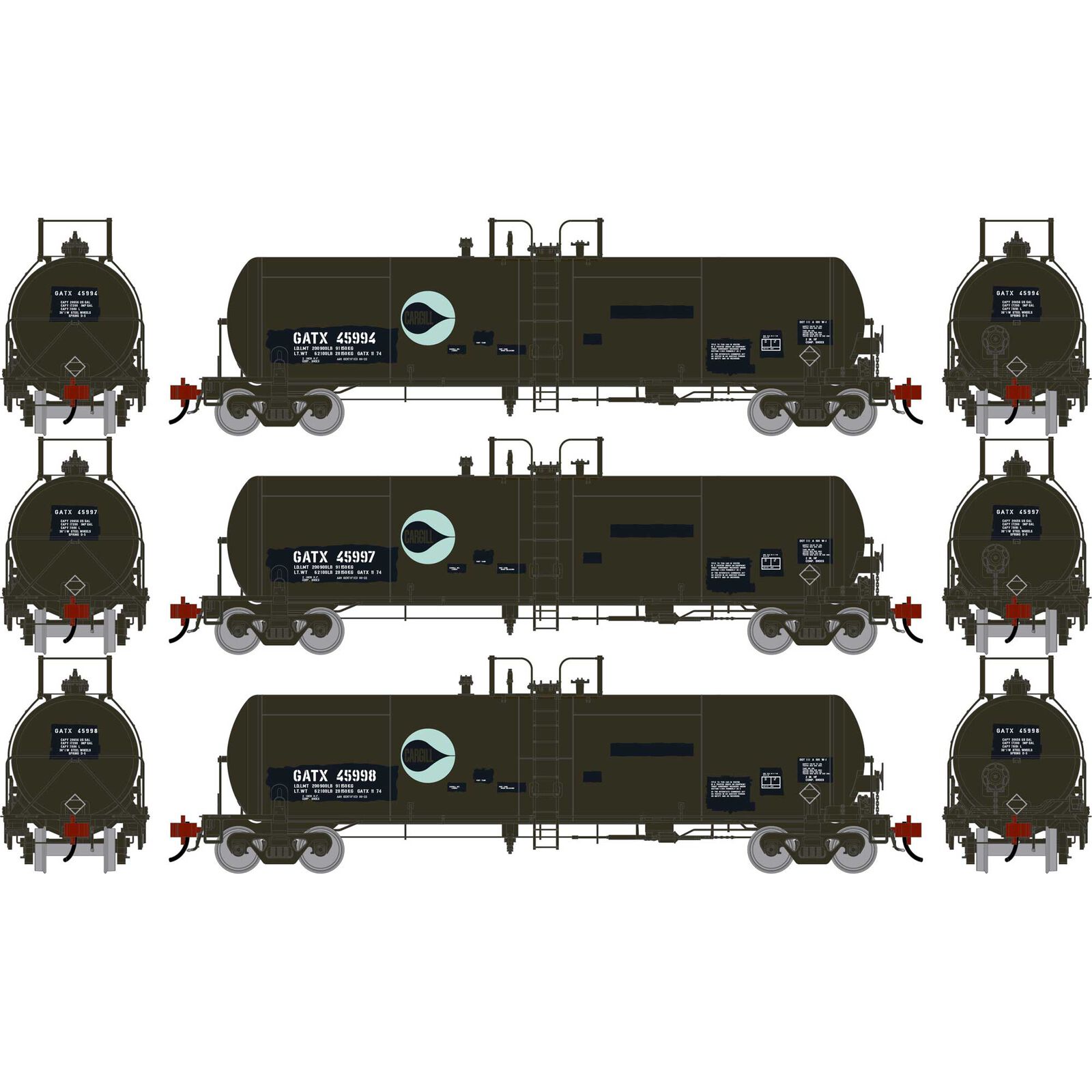 Athearn Genesis HO GEN GATC 20K Gallon Tank Car, Primed For Grime GATX 'Cargill' #45994/45997/45998 (3)