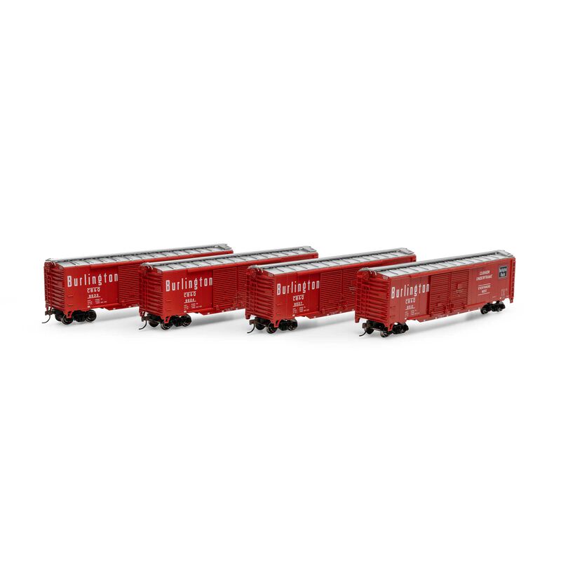 HO PS-1 Double Sliding Door Box Car, CBQ 'Red', #9512 / 9527 / 9604 / 9633 (4)