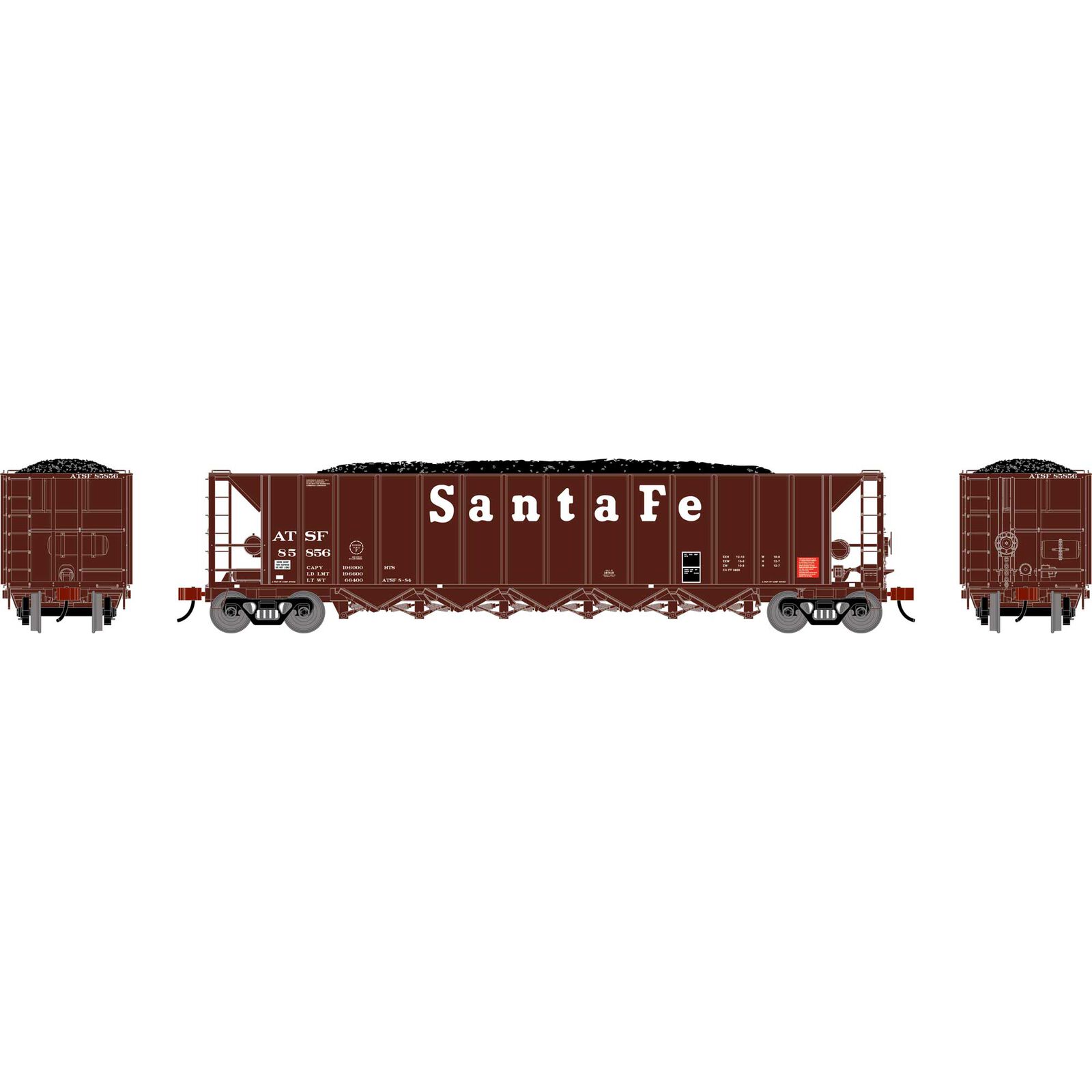 Athearn HO ATH Ortner 5-Bay Rapid Discharge Hopper w/Coal Load, ATSF #85856
