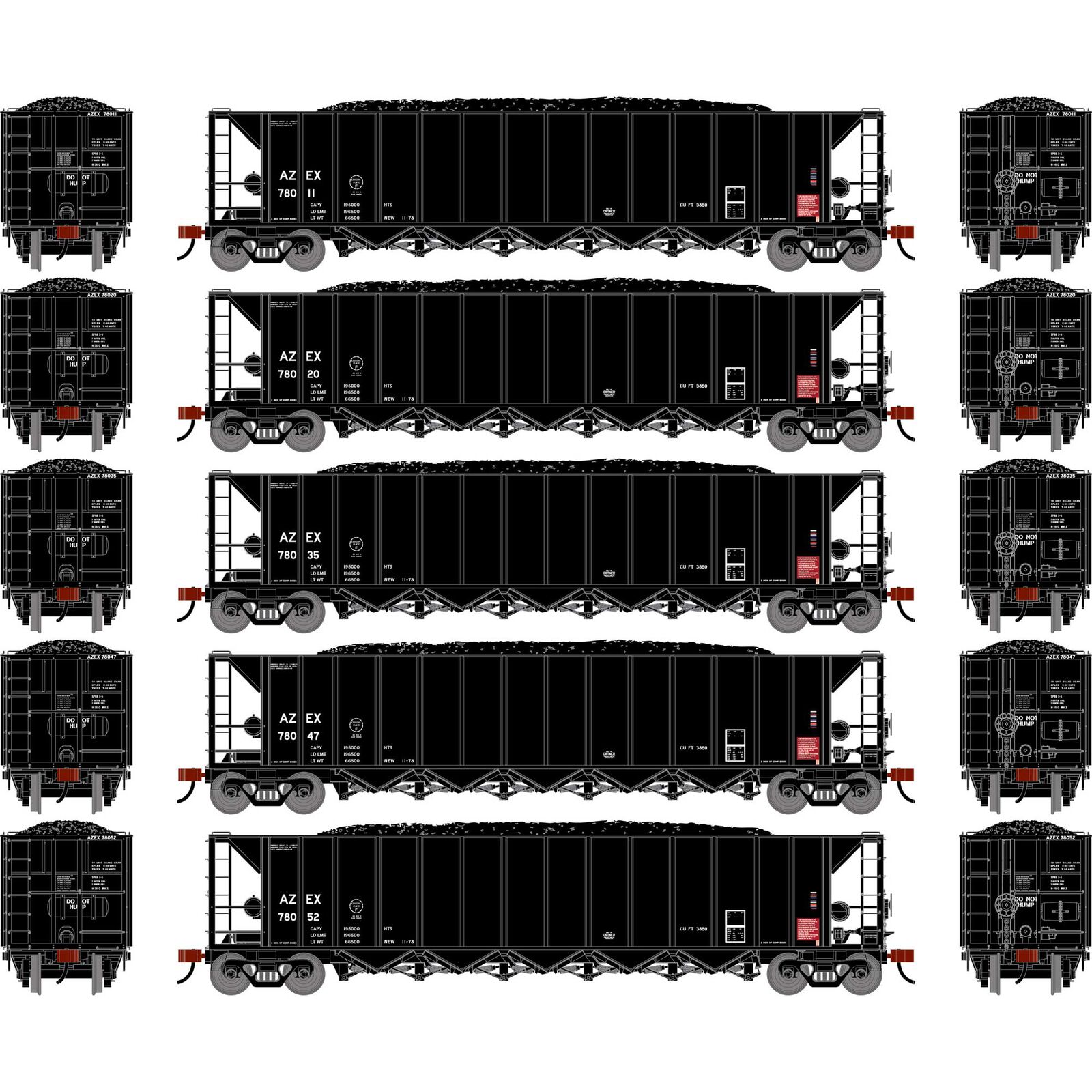 Athearn HO ATH Ortner 5-Bay Rapid Discharge Hopper w/Coal Load, AZEX #78011/78020/78035/78047/78052 (5)