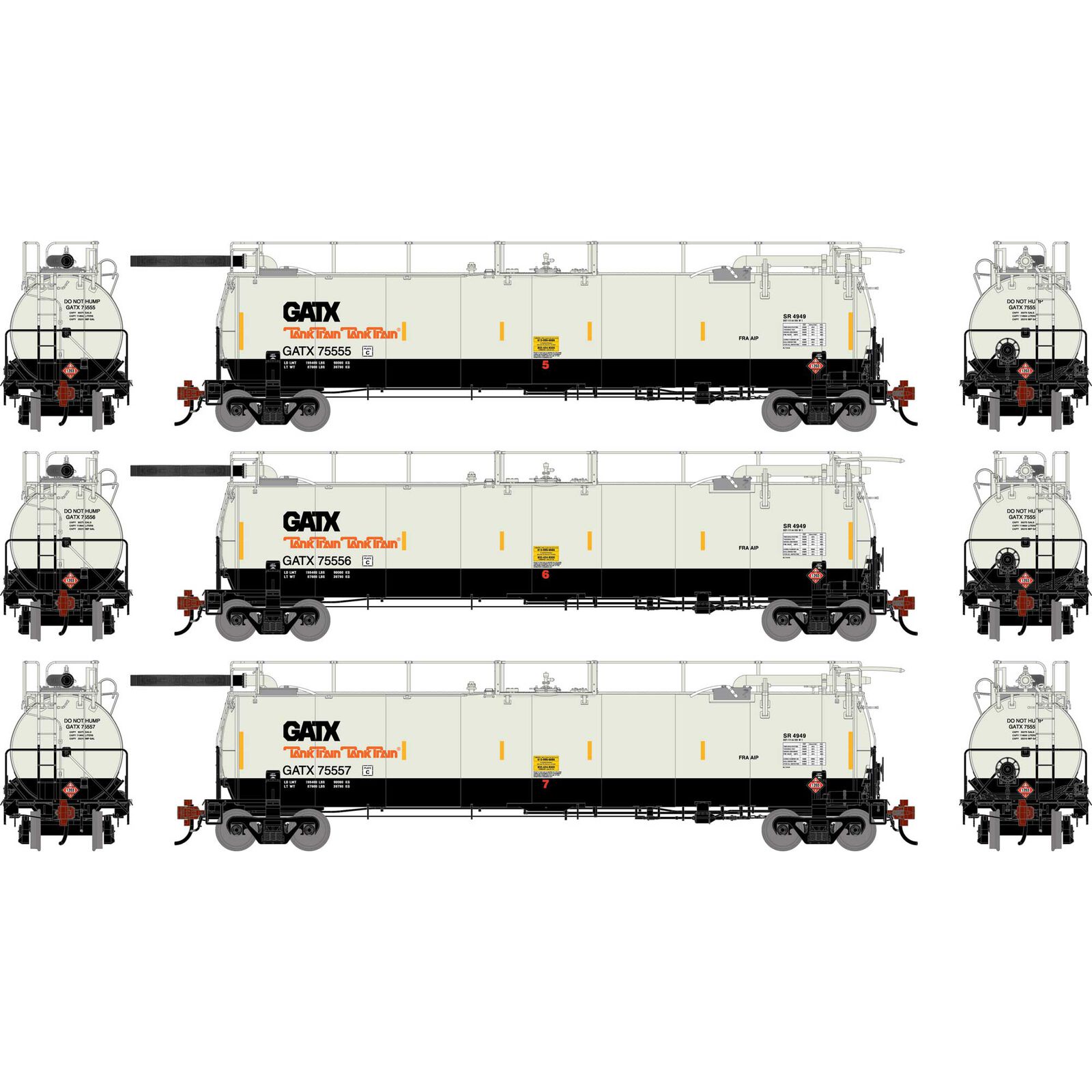 Athearn Genesis HO TankTrain Intermediate, GATX White/Black #75555/75556/75557 (3)