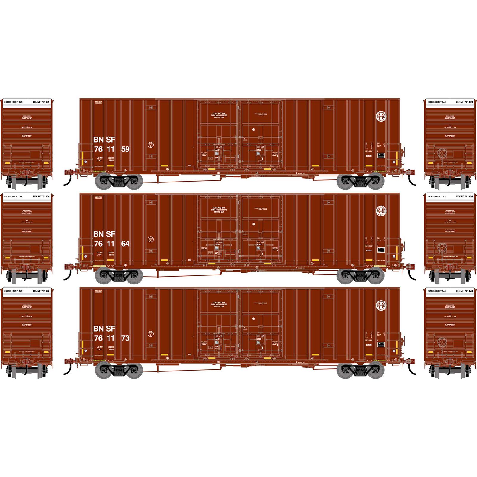 HO ATH 60' Gunderson High-Cube Double Door Box Car, BNSF #761159/761164/761173 (3)
