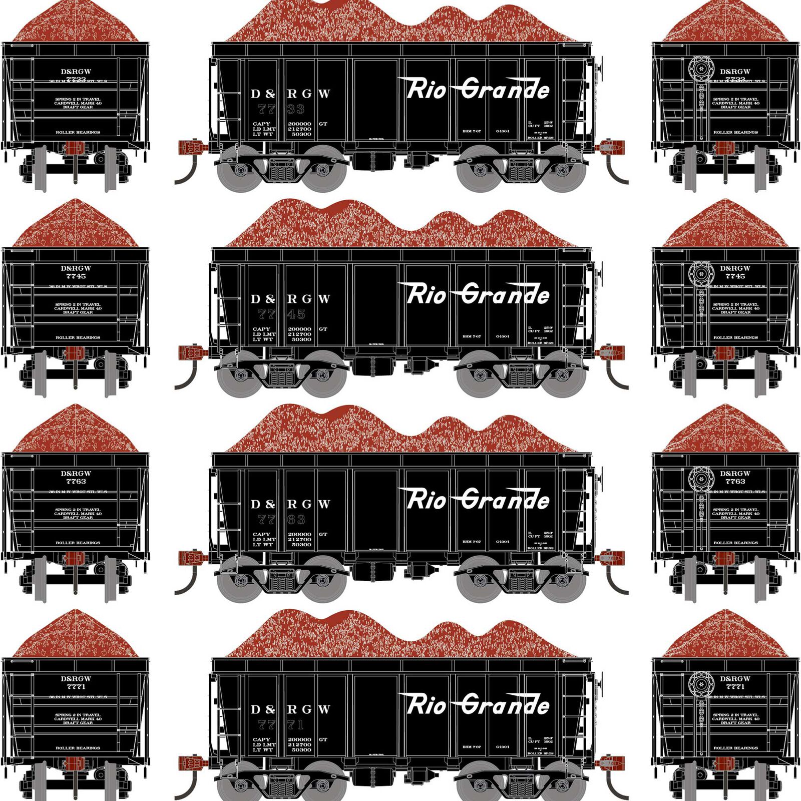 HO 26' PC&F Ore Car Tight-Bottom High Side with Load, DRGW Legendary Liveries #7733/7745/7763/7771 (4)