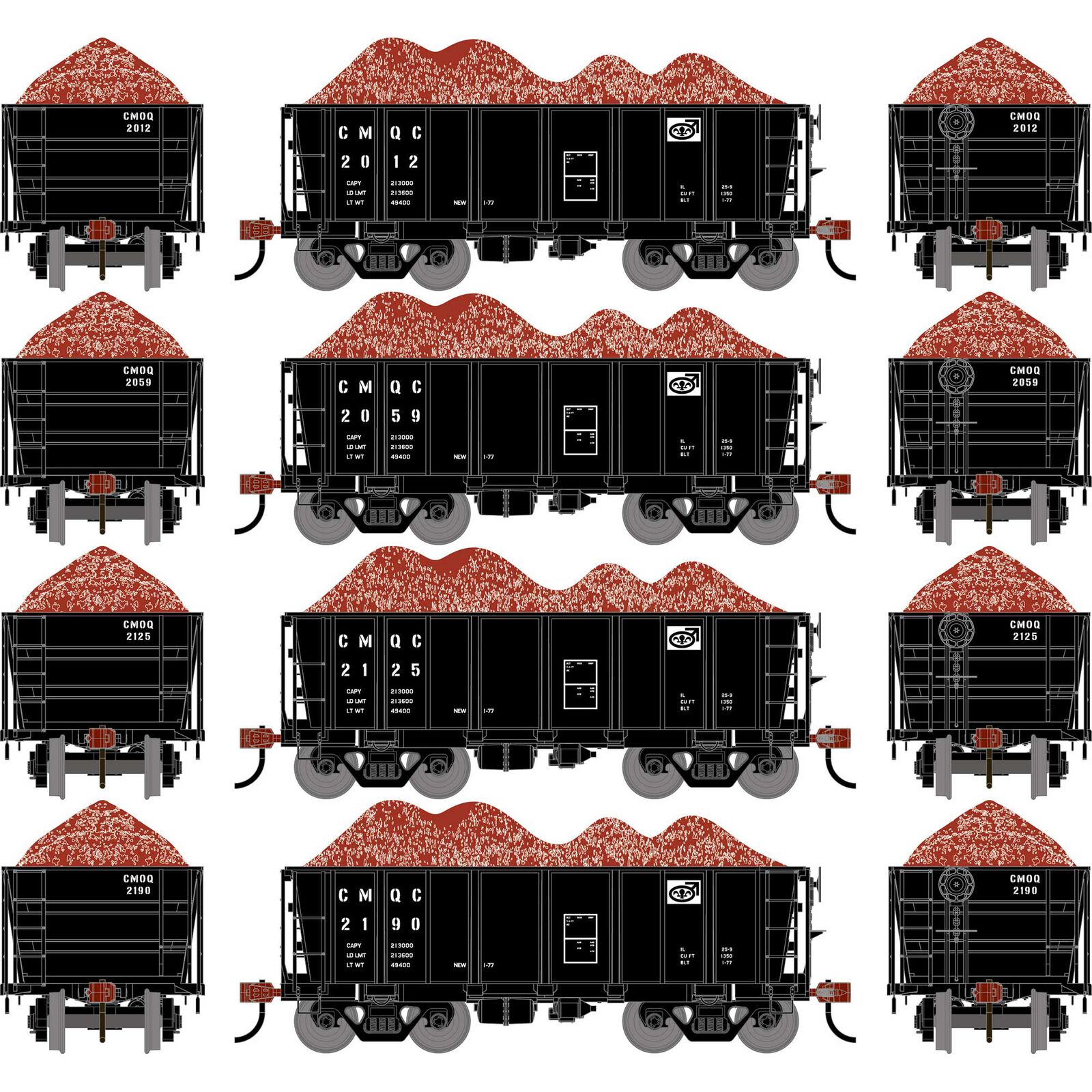 HO ATH 26' PC&F Ore Car Tight-Bottom Low-Side w/Load, CMQC #2012/2059/2125/2190 (4)