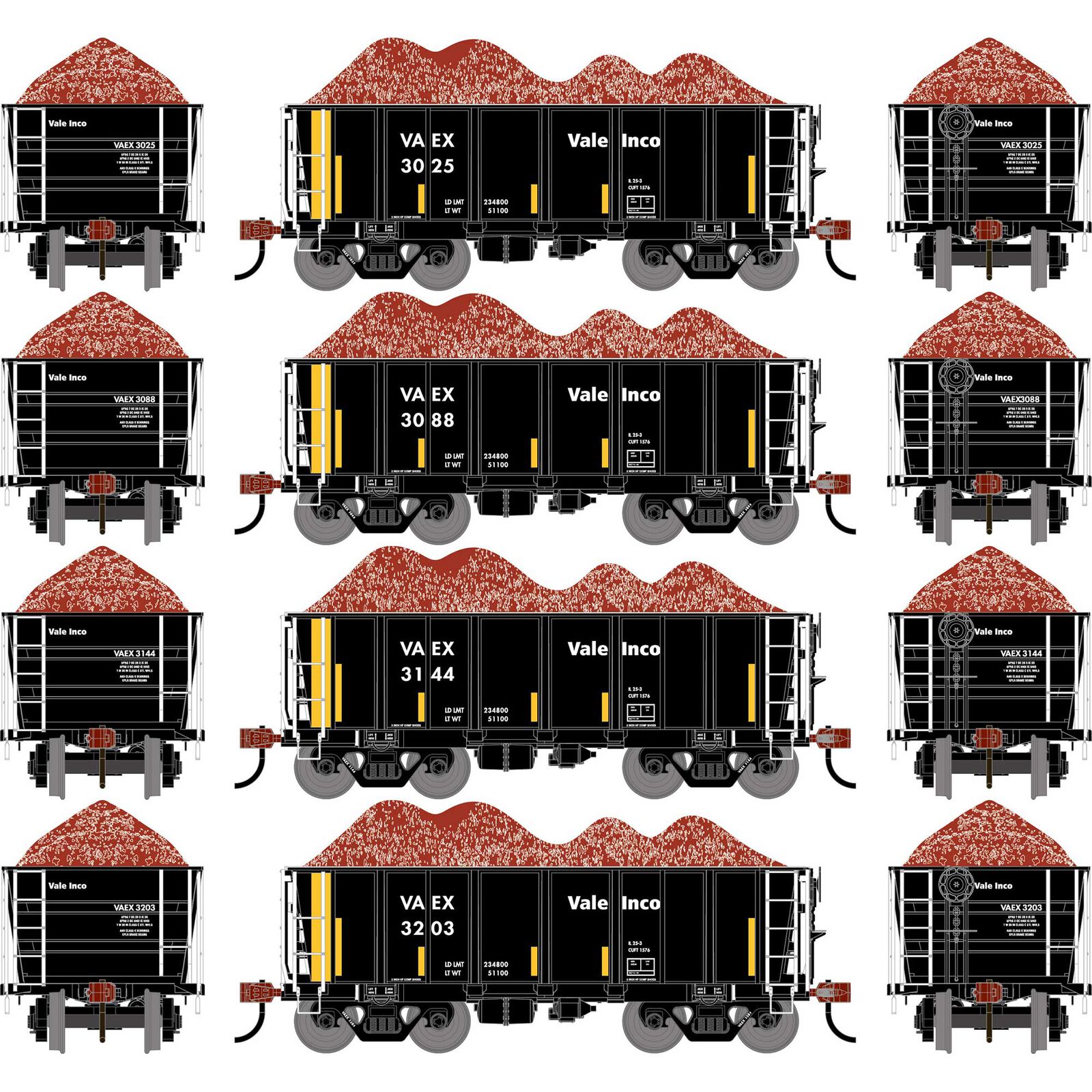 HO ATH 26' PC&F Ore Car Tight-Bottom Low-Side w/Load, VAEX #3025/3088/3144/3203 (4)