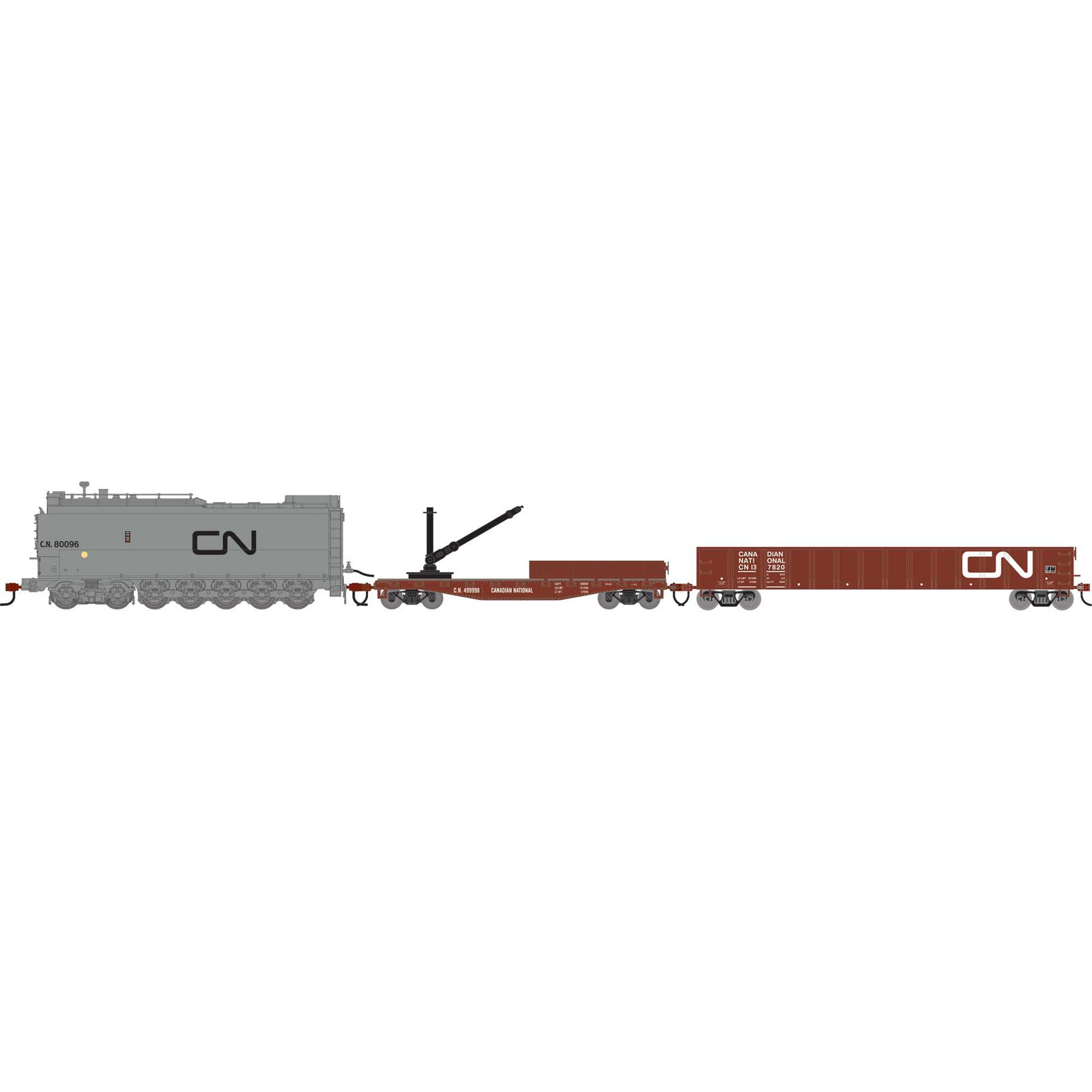 HO MOW Set, CN Fuel Oil Tank Car #80096/Derrick Car #499998/52' Mill Gondola  #137820 (3)