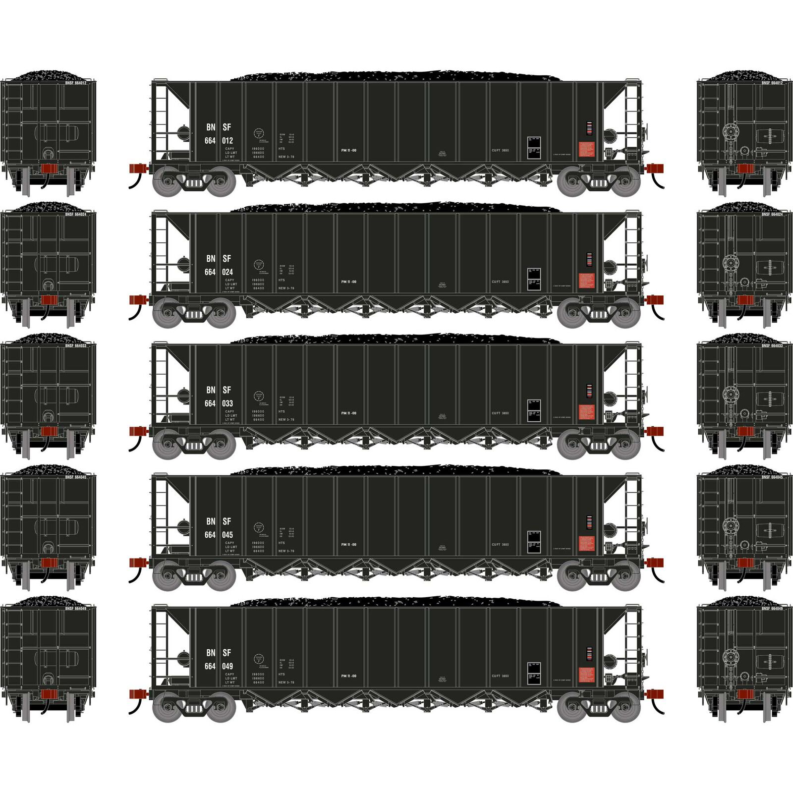 Athearn HO ATH Ortner 5-Bay Rapid Discharge Hopper w/Coal Load, BNSF #664012/664024/664033/664045/664049 (5)