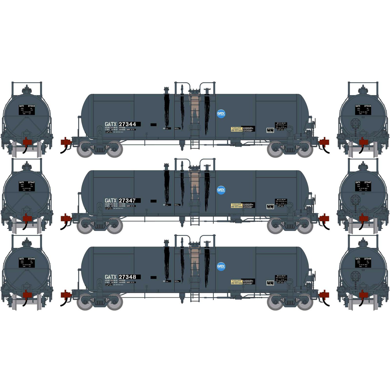Athearn Genesis HO GEN GATC 20K Gallon Tank Car, Primed For Grime GATX 'Black-Service Driven' #27344/27347/27348 (3)