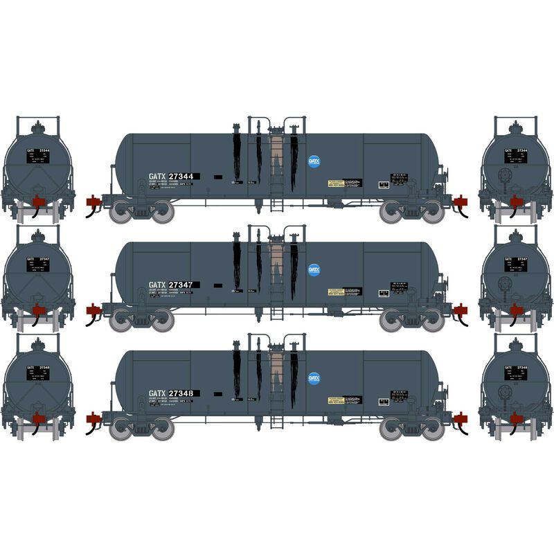 Athearn Genesis HO GEN GATC 20K Gallon Tank Car, Primed For Grime GATX 'Black-Service Driven' #27344/27347/27348 (3)