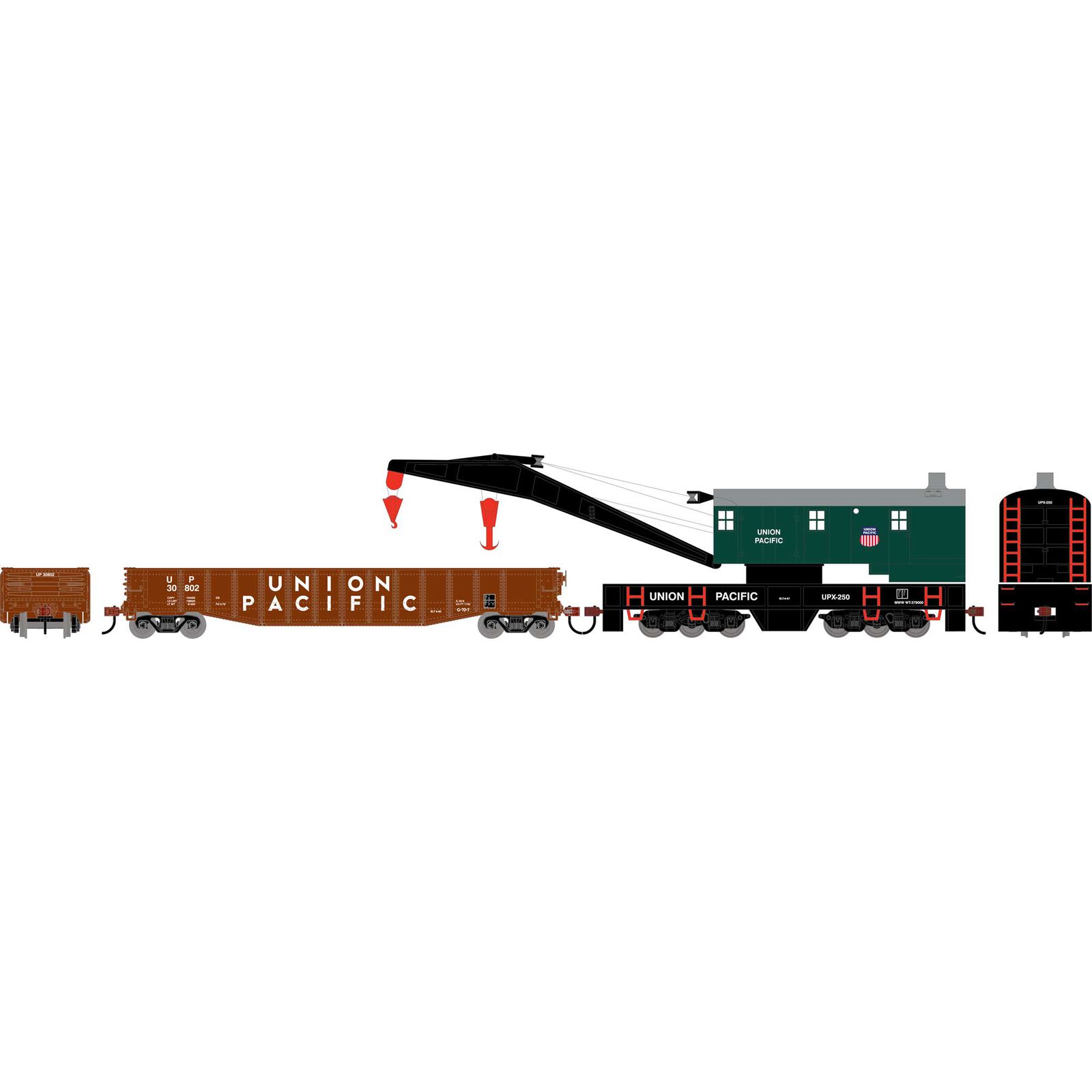 Athearn HO ATH 200-Ton Crane and 50' Gondola Set, UPX #250 (Crane); UP #30802 (Gondola)