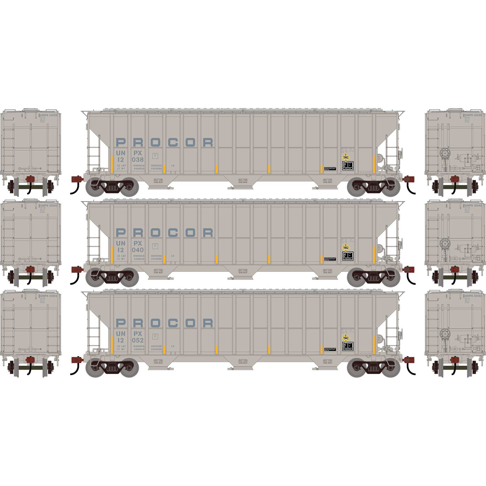 HO ATH FMC 4700 Covered Hopper, Procor UNPX w/FRA Reflectors #12038/12040/12052 (3)