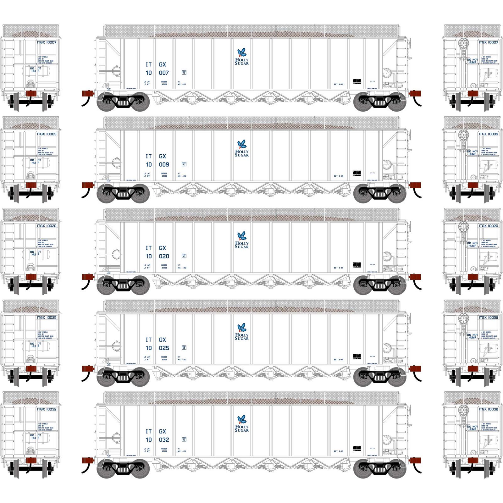 Athearn HO ATH Ortner 5-Bay Rapid Discharge Hopper w/Coal & Exten, ITGX #10007/10009/10020/10025/10032 (5)
