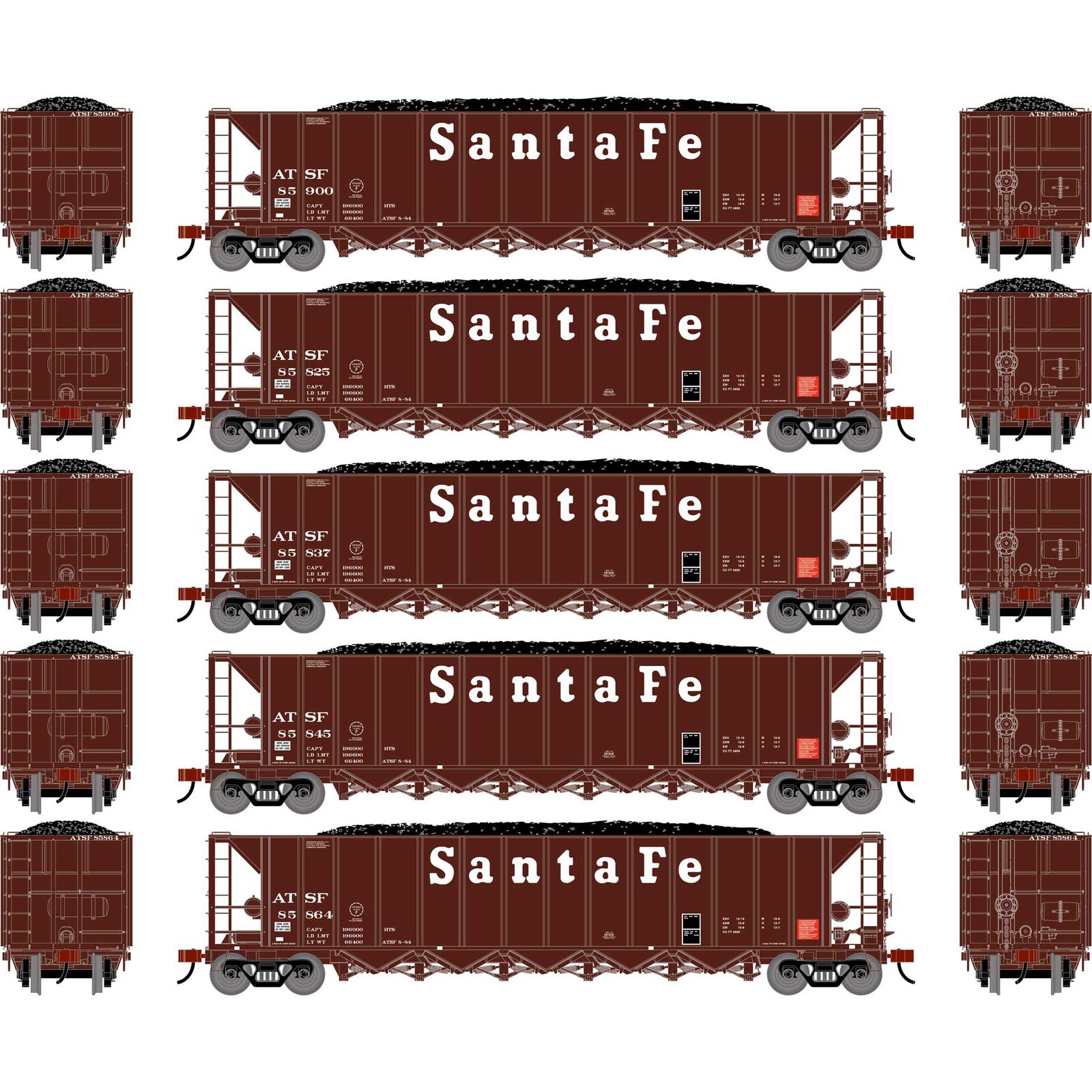 Athearn HO ATH Ortner 5-Bay Rapid Discharge Hopper w/Coal Load, ATSF #85825/85837/85845/85864/858900 (5)