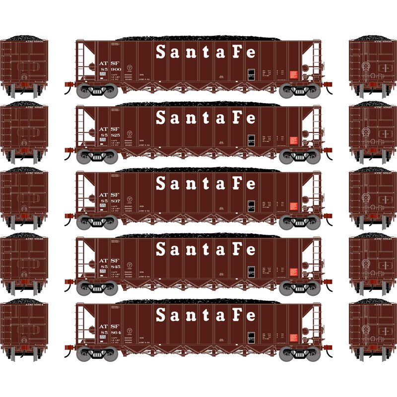 Athearn HO ATH Ortner 5-Bay Rapid Discharge Hopper w/Coal Load, ATSF #85825/85837/85845/85864/858900 (5)