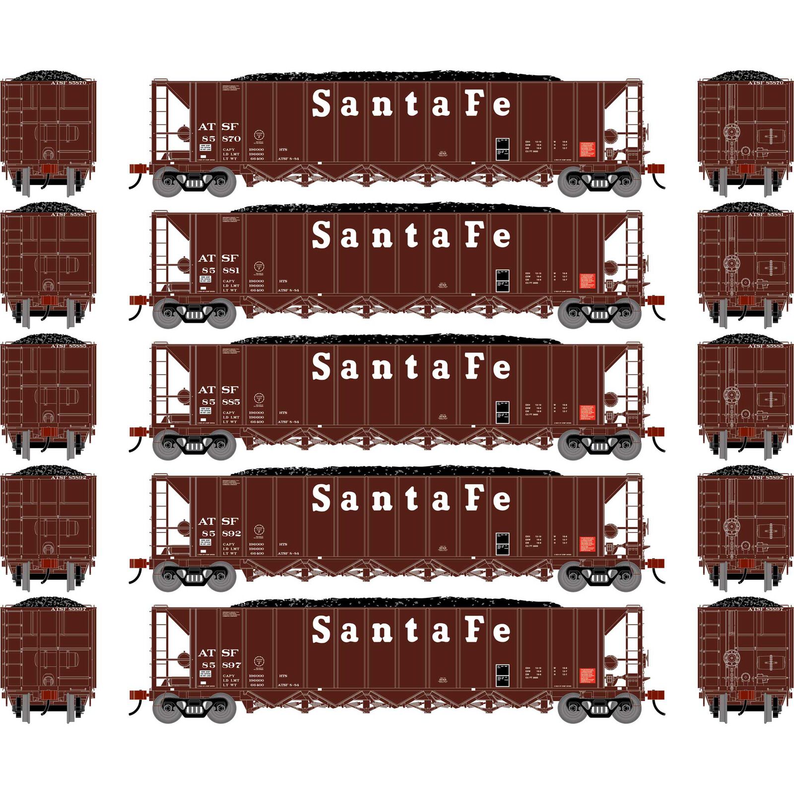 Athearn HO ATH Ortner 5-Bay Rapid Discharge Hopper w/Coal Load, ATSF #85870/85881/85885/85892/85897 (5)