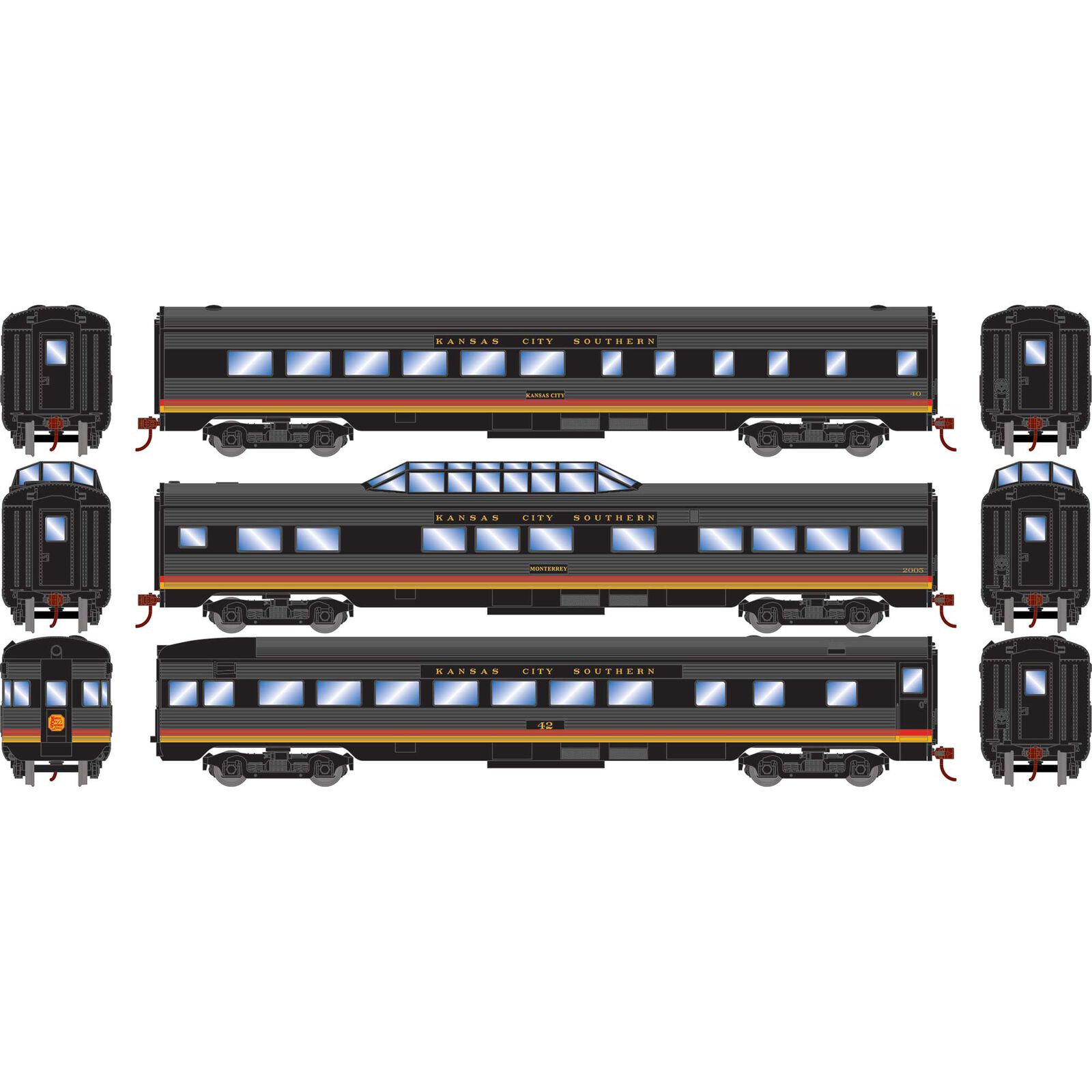 HO Streamline Passenger Cars, KCS (3) Model Train Athearn