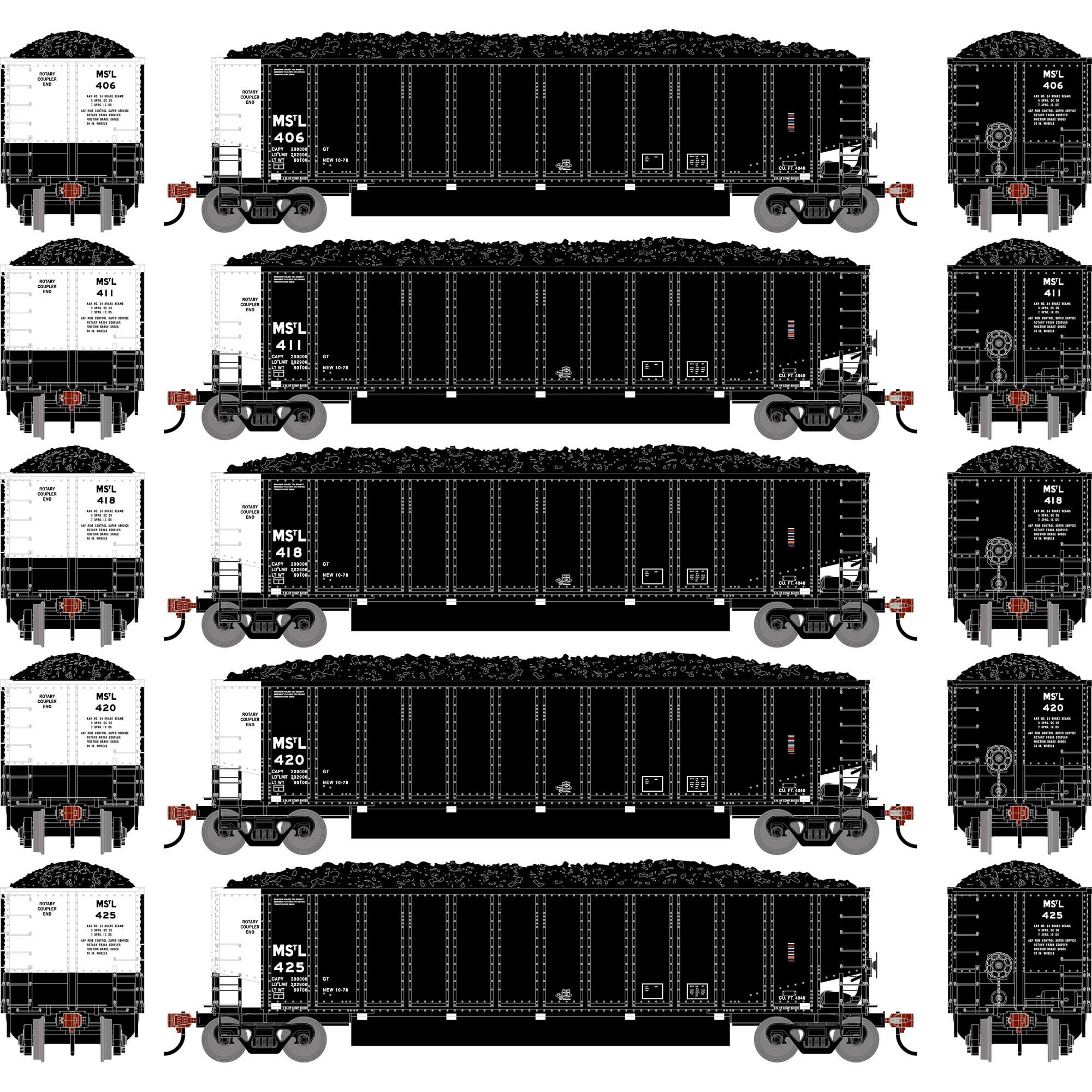 Athearn Bethgon Coal Porters 5両セット HO ATH Bethgon Coalporter w/Coal Load, MSTL #406/411/418/420/425