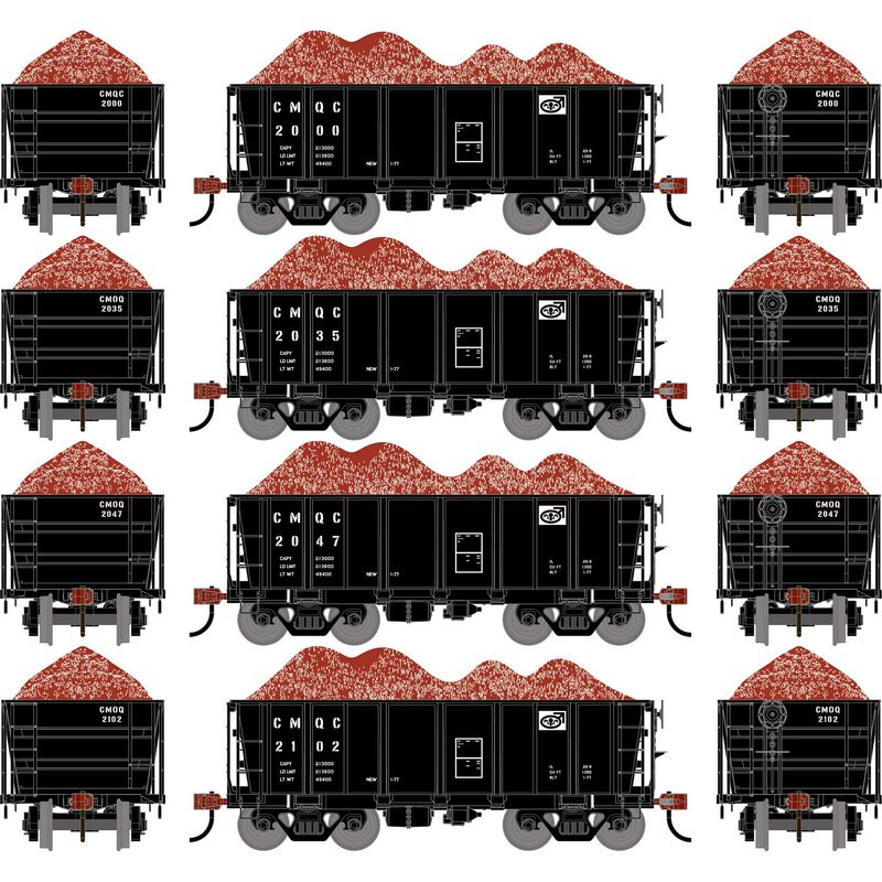 HO ATH 26' PC&F Ore Car Tight-Bottom Low-Side w/Load, CMQC #2000/2035/2047/2102 (4)