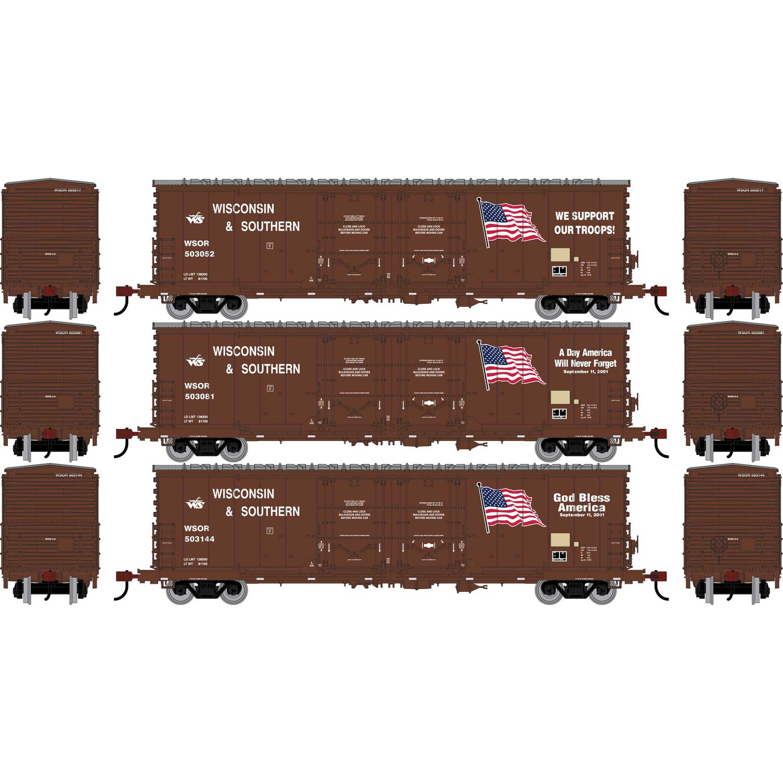 Athearn HO ATH 50' Evans Double Plug Door Box Car, WSOR 'Flag Cars' #503052/503081/503144 (3)