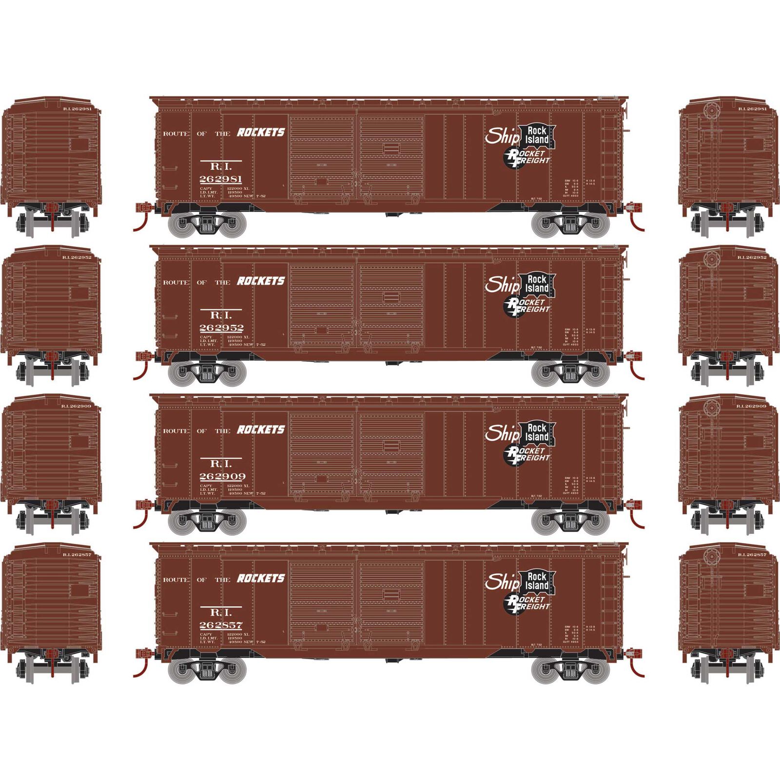 Roundhouse HO PS-1 Double Sliding Door Box Car, RI 'Rocket Freight' #262857 / 262909 / 262952 / 262981 (4)