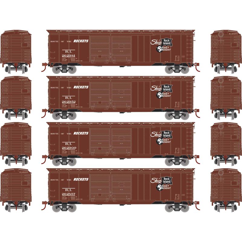 Roundhouse HO PS-1 Double Sliding Door Box Car, RI 'Rocket Freight' #262857 / 262909 / 262952 / 262981 (4)