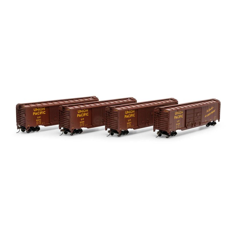 HO PS-1 Double Sliding Door Box Car, UP 'Be Specific' #500028 / 500077 / 500105 / 500172 (4)