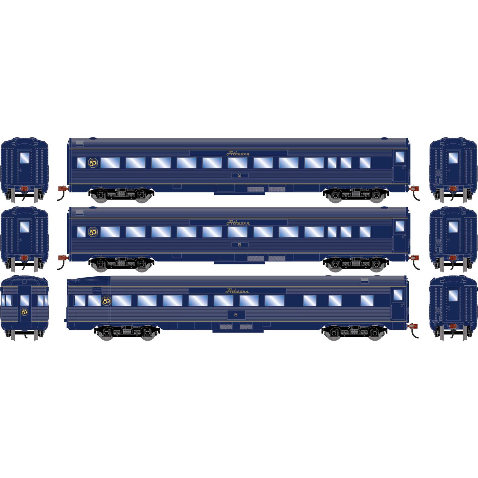 Roundhouse HO RND Streamline Cars, ATHX #2 Coah; #4 Coach; #6 Observation 80th Anniversary Limited Edition (3)