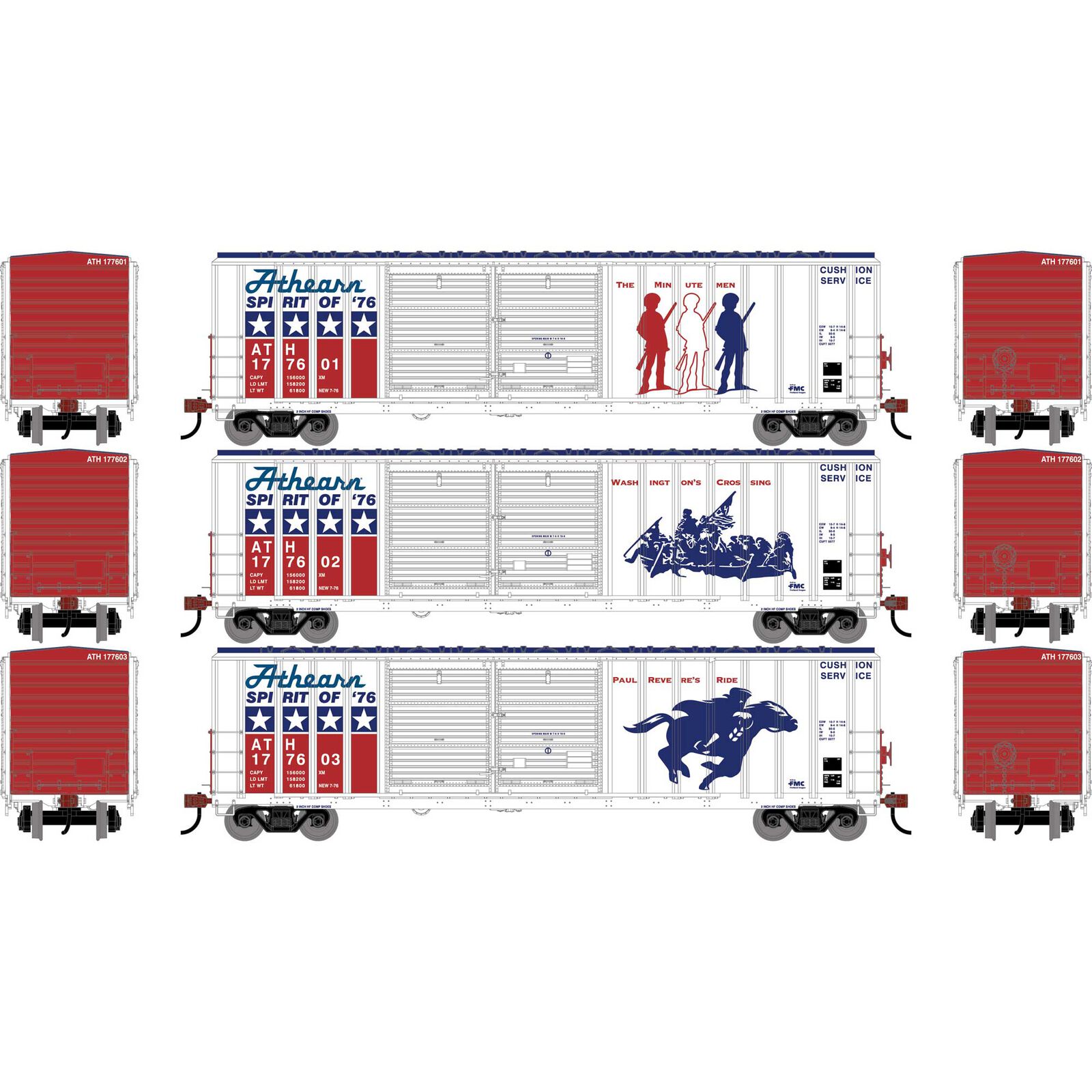 Athearn HO ATH 50' FMC 5077 DD Offset Box Car, Legendary Liveries ATH 'Spirit 76' #177601/177602/177603 (3)