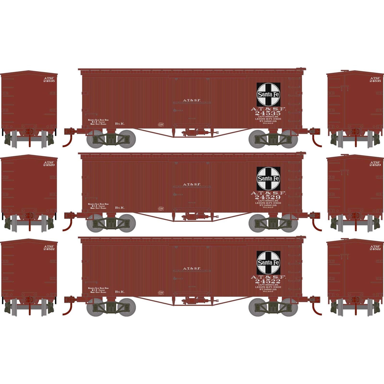 Roundhouse HO RND 36' Old Time Box Car, ATSF #24522/24529/24535 (3)