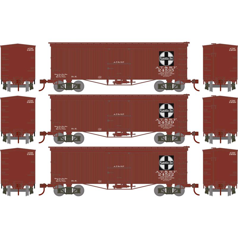 Roundhouse HO RND 36' Old Time Box Car, ATSF #24522/24529/24535 (3)