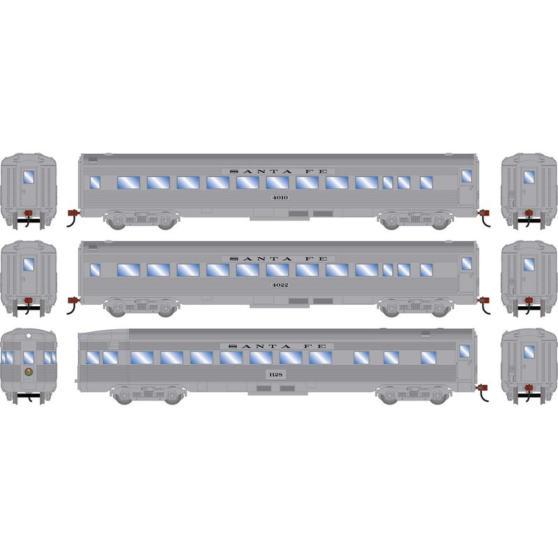 HO RND Streamline Cars, ATSF #4010 Coach/4022 Coach/1122 Observation (3)