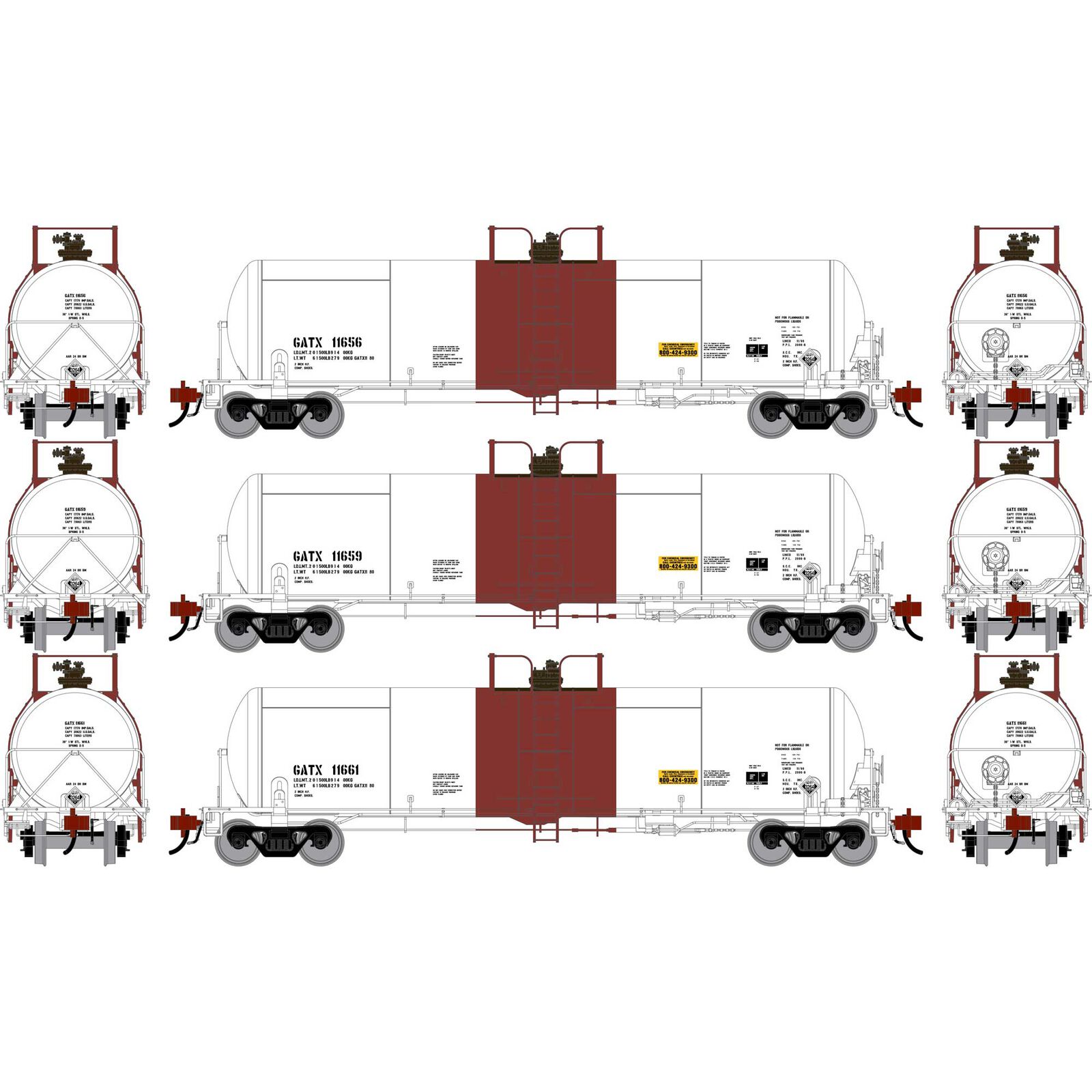 Athearn Genesis HO GEN GATC 20K Gallon Tank Car, GATX 'White w/Red Band' #11656/11659/11661 (3)