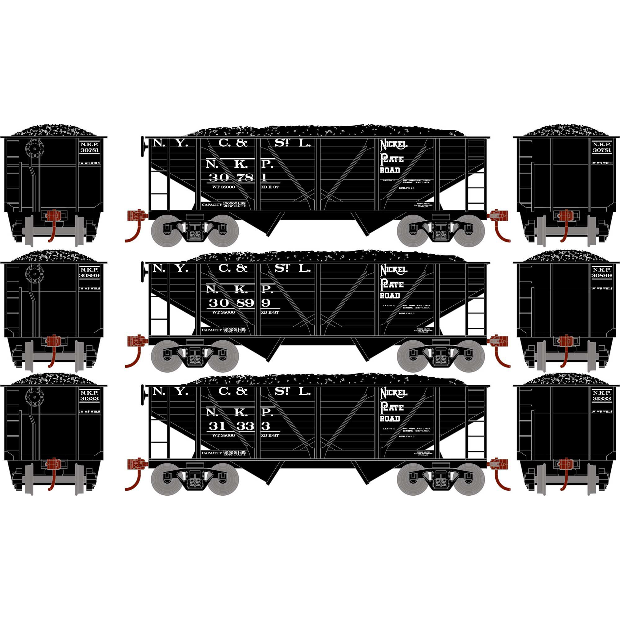 HO 34' 2-Bay Composite Coal Hopper with Load, NKP (3) Model Train