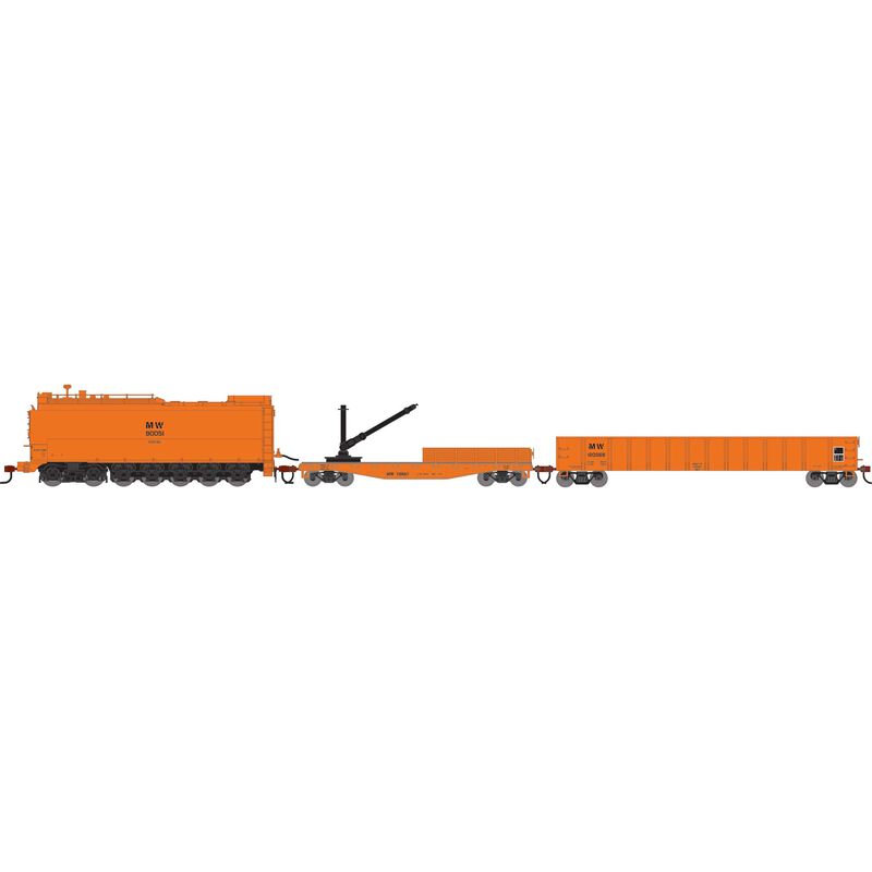 HO MOW Set, Orange Fuel Oil Tank Car #90051/Derrick Car #110667/52' Mill Gondola  #120568 (3)