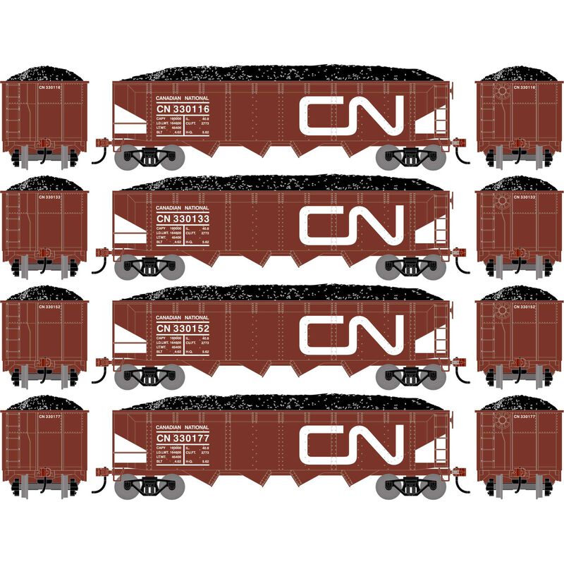 HO ATH 40' 4-Bay Offset Hopper with Load, CN #330116/330133/330152/330177 (4)