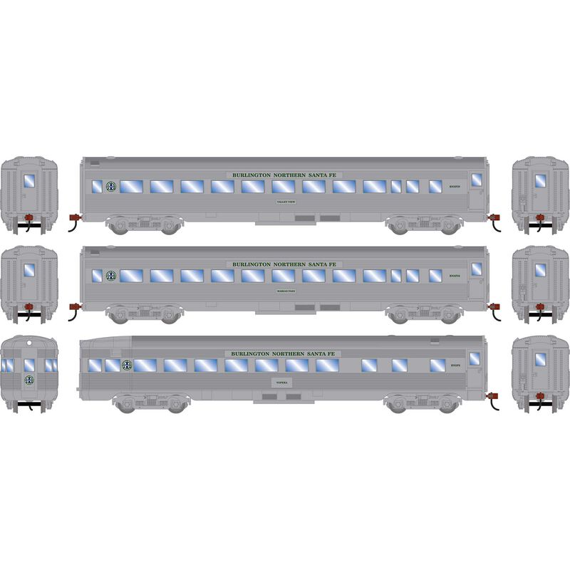 HO RND Streamline Cars, BNSF #29 'Valley View' Coach/64 'Marias Pass' Coach/6 'Topeka'Observation(3)