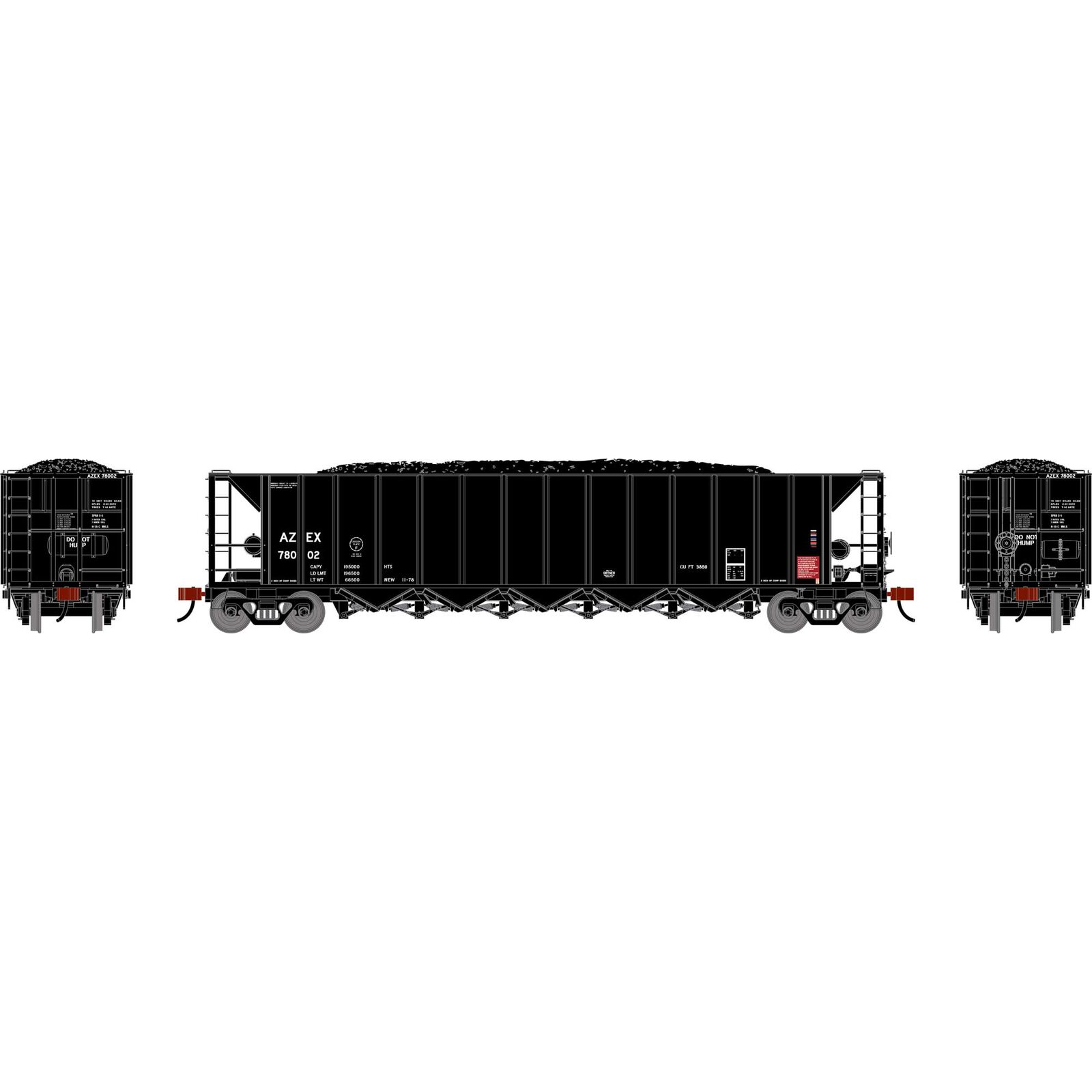 Athearn HO ATH Ortner 5-Bay Rapid Discharge Hopper w/Coal Load, AZEX #78002