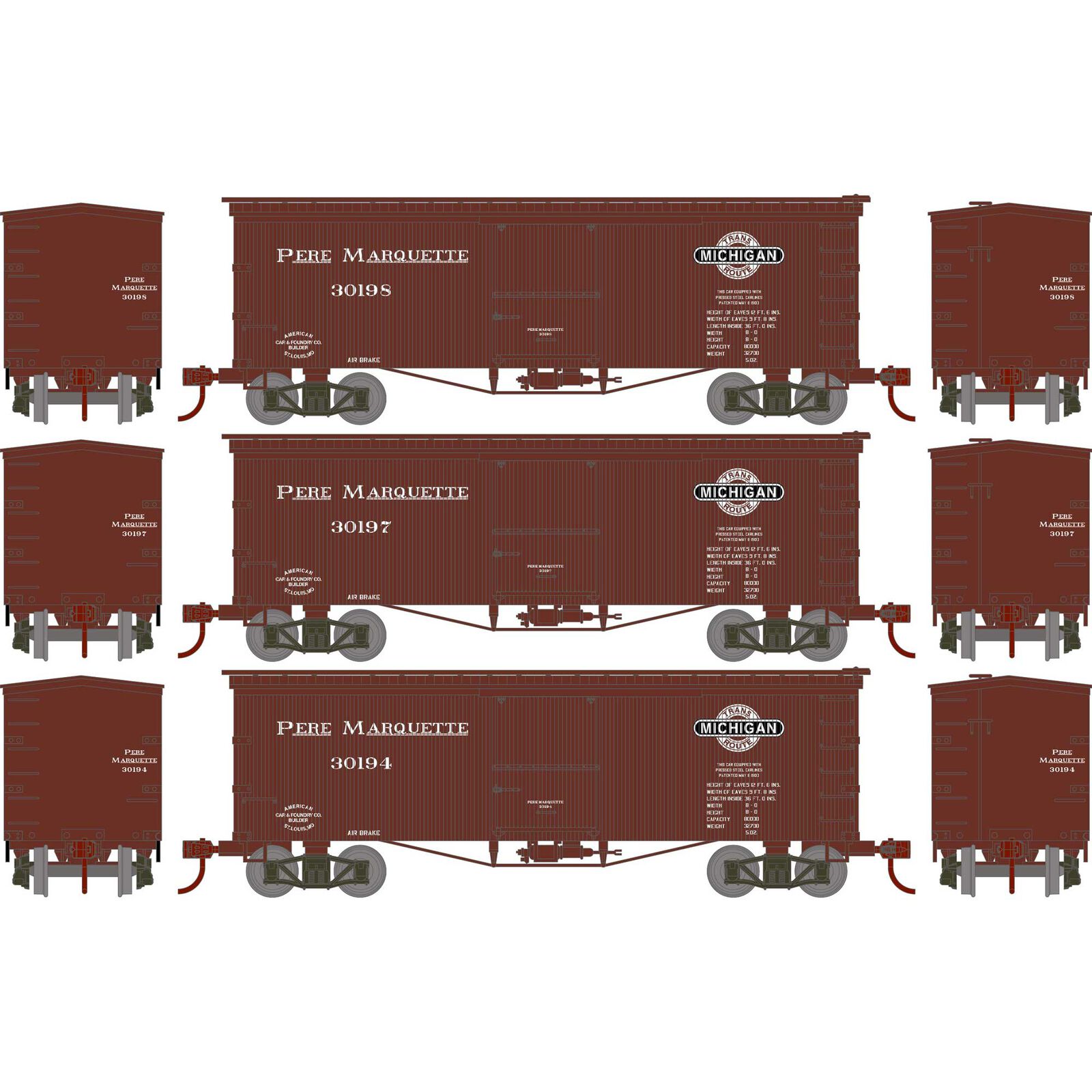 Roundhouse HO RND 36' Old Time Box Car, PM #30194/30197/30198 (3)