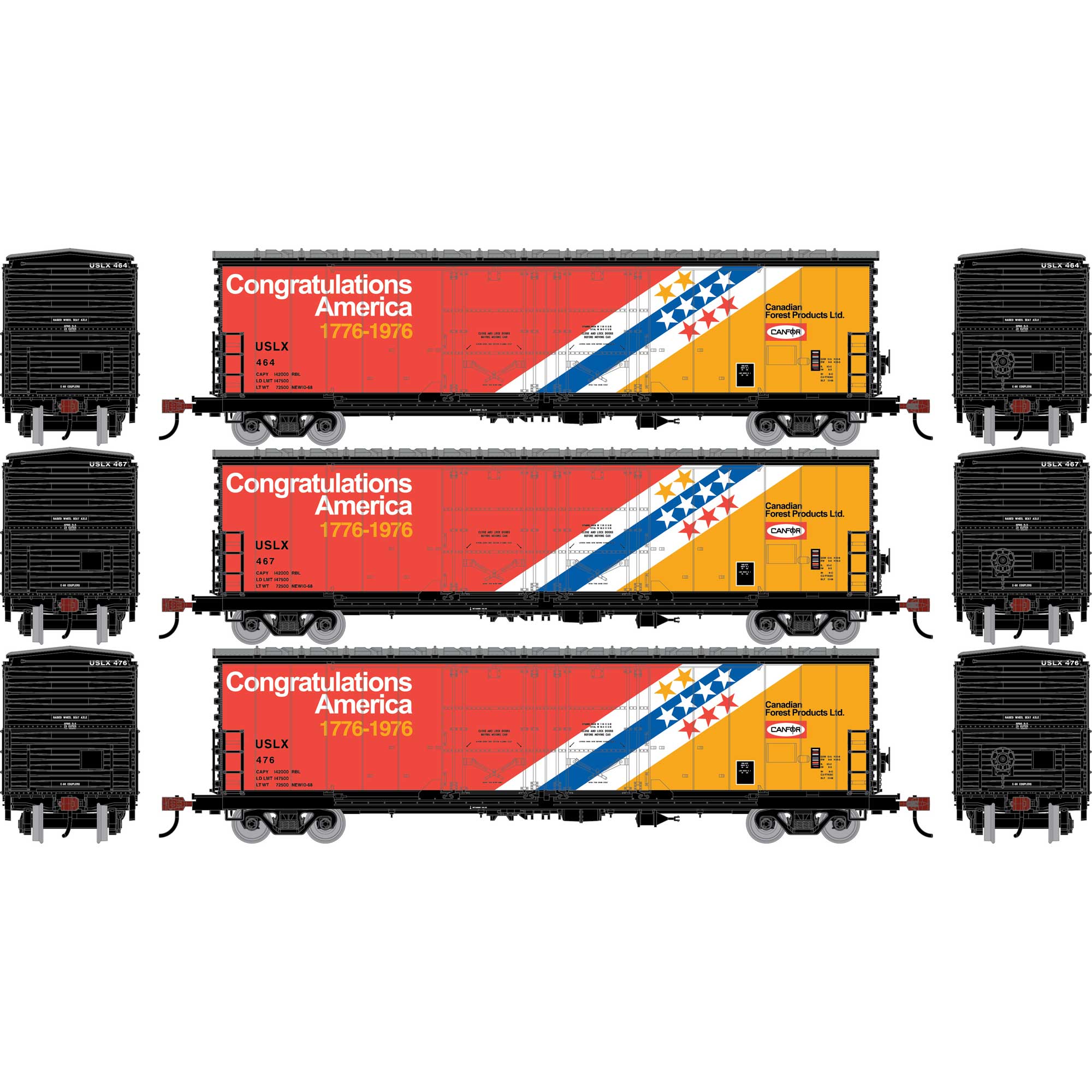 HO ATH 50' Evans Double Plug Door Box Car, USLX 'Bicentennial' #464/467/476 (3)